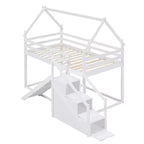 Lits superposés maison avec toboggan et escaliers de rangement, lit superposé double en bois avec toit et escaliers pour filles et garçons