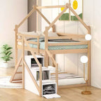 Lits superposés maison avec toboggan et escaliers de rangement, lit superposé double en bois avec toit et escaliers pour filles et garçons
