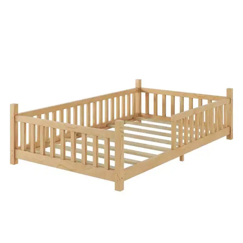 Lit cabane double Whisen avec lumière, lit cabane bas avec clôture et toit, conception sécurisée