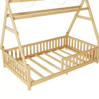 Lit cabane double Whisen avec lumière, lit cabane bas avec clôture et toit, conception sécurisée