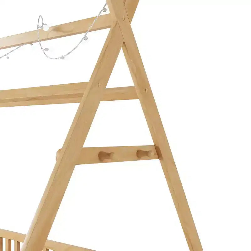 Lit cabane double Whisen avec lumière, lit cabane bas avec clôture et toit, conception sécurisée