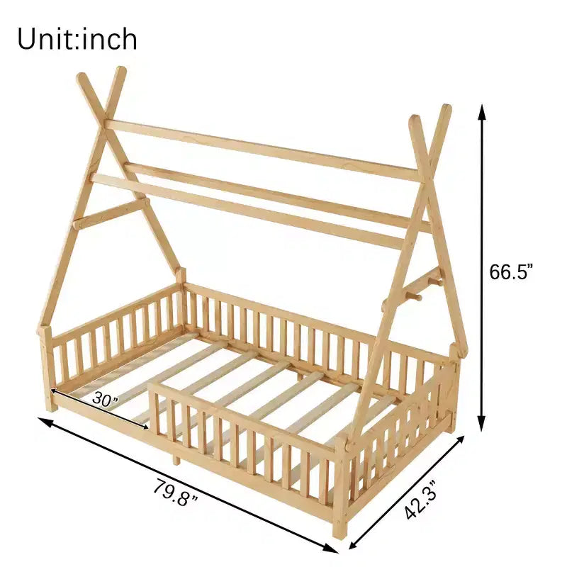Lit cabane double Whisen avec lumière, lit cabane bas avec clôture et toit, conception sécurisée