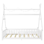 Lit cabane double Whisen avec lumière, lit cabane bas avec clôture et toit, conception sécurisée