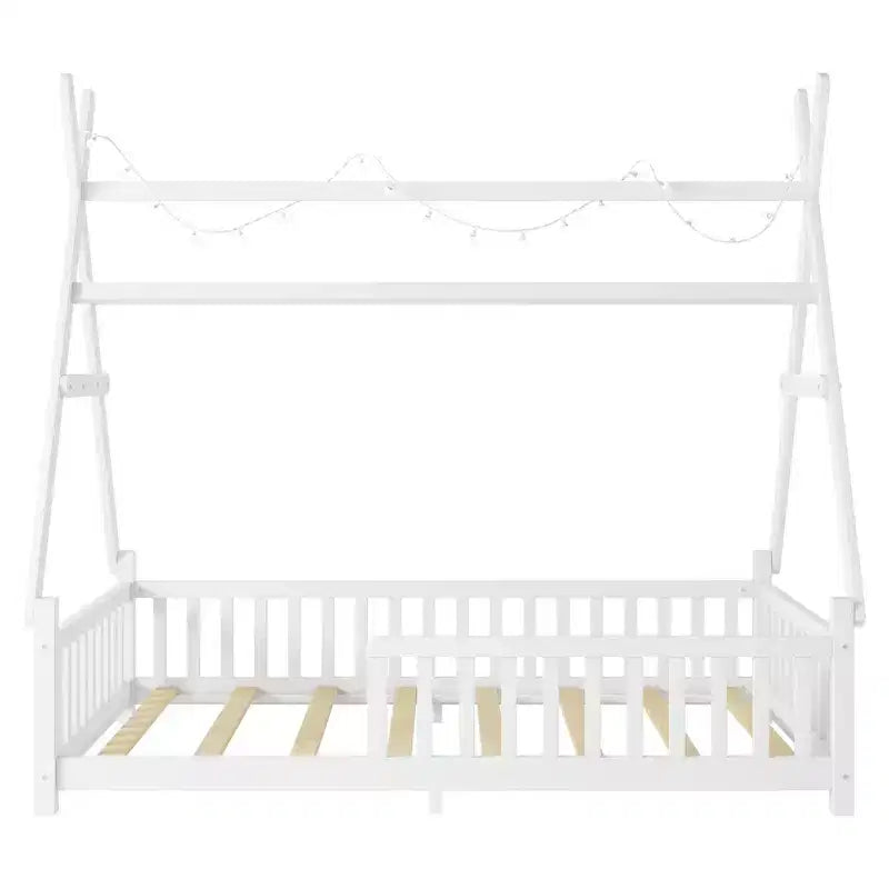 Lit cabane double Whisen avec lumière, lit cabane bas avec clôture et toit, conception sécurisée