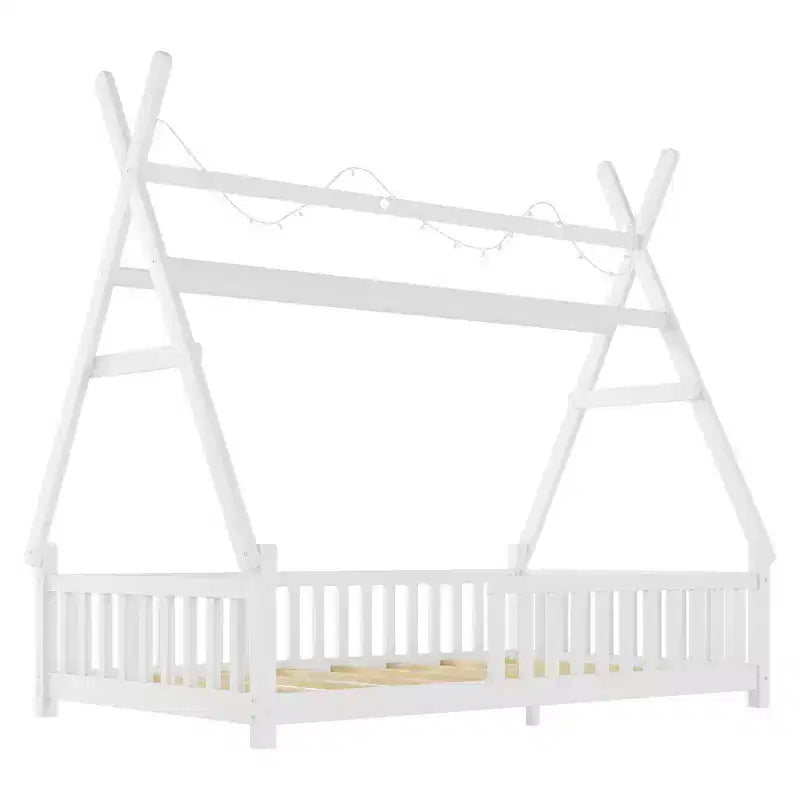 Lit cabane double Whisen avec lumière, lit cabane bas avec clôture et toit, conception sécurisée