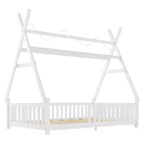 Lit cabane double Whisen avec lumière, lit cabane bas avec clôture et toit, conception sécurisée