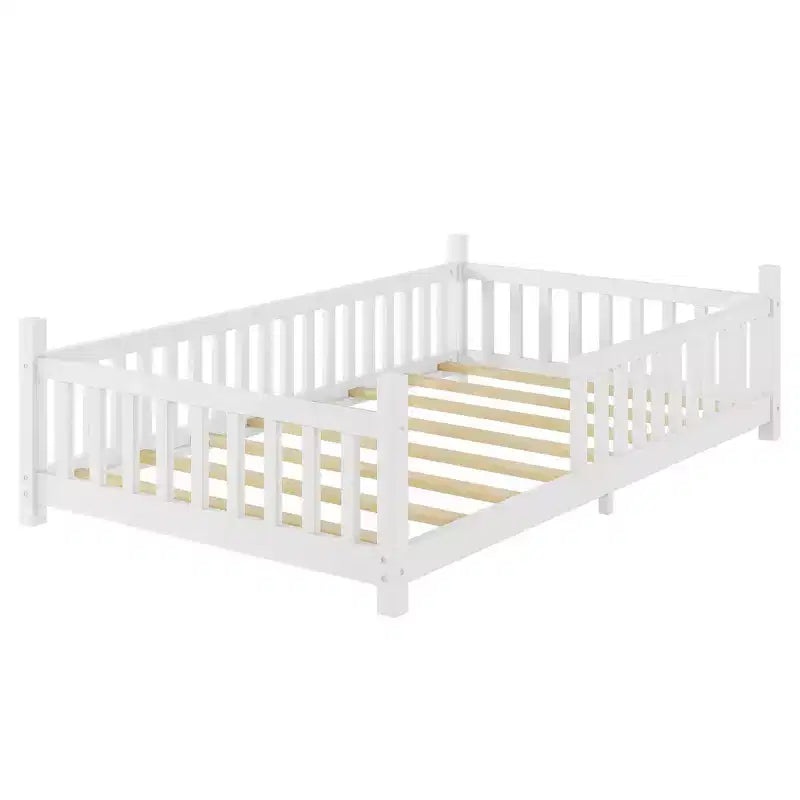 Lit cabane double Whisen avec lumière, lit cabane bas avec clôture et toit, conception sécurisée