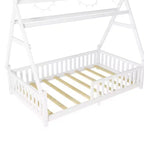 Lit cabane double Whisen avec lumière, lit cabane bas avec clôture et toit, conception sécurisée