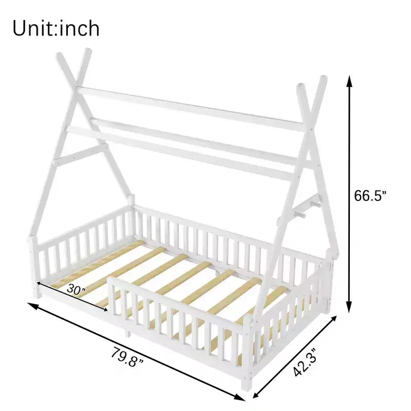 Lit cabane double Whisen avec lumière, lit cabane bas avec clôture et toit, conception sécurisée