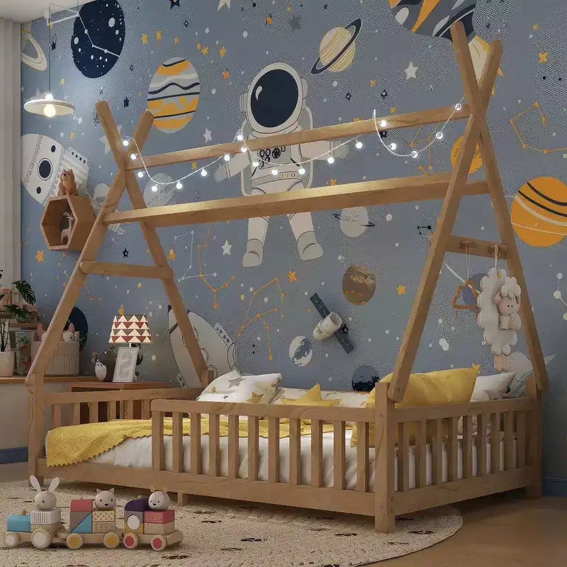 Lit cabane double Whisen avec lumière, lit cabane bas avec clôture et toit, conception sécurisée