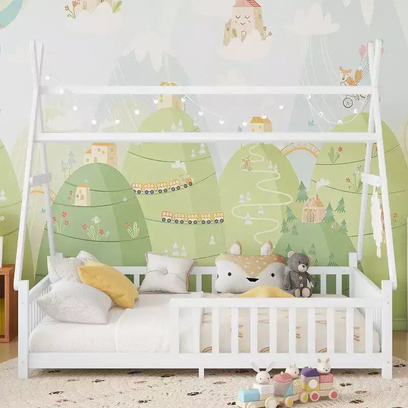 Lit cabane double Whisen avec lumière, lit cabane bas avec clôture et toit, conception sécurisée