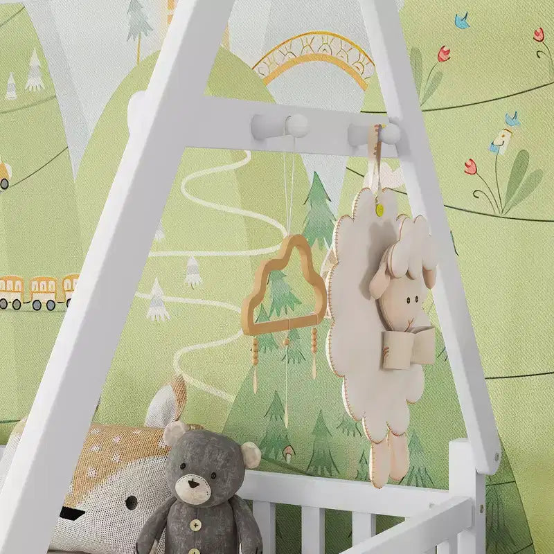 Lit cabane double Whisen avec lumière, lit cabane bas avec clôture et toit, conception sécurisée