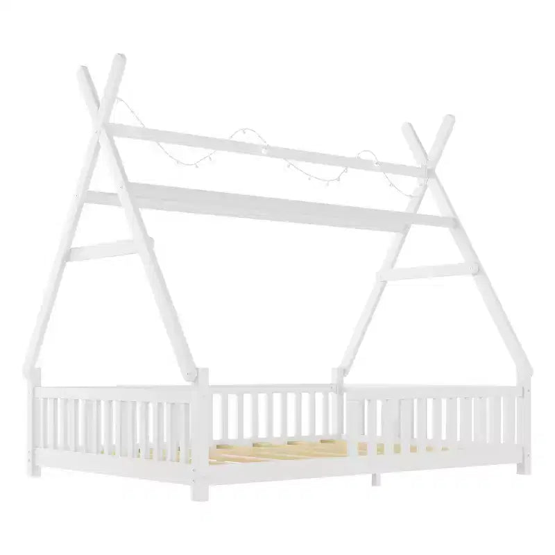 Lit cabane double Whisen avec lumière, lit cabane bas avec clôture et toit, conception sécurisée