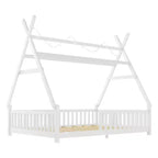 Lit cabane double Whisen avec lumière, lit cabane bas avec clôture et toit, conception sécurisée