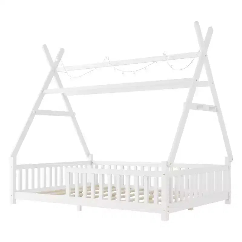 Lit cabane double Whisen avec lumière, lit cabane bas avec clôture et toit, conception sécurisée