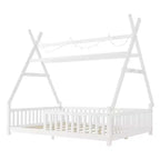 Lit cabane double Whisen avec lumière, lit cabane bas avec clôture et toit, conception sécurisée