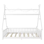 Lit cabane double Whisen avec lumière, lit cabane bas avec clôture et toit, conception sécurisée
