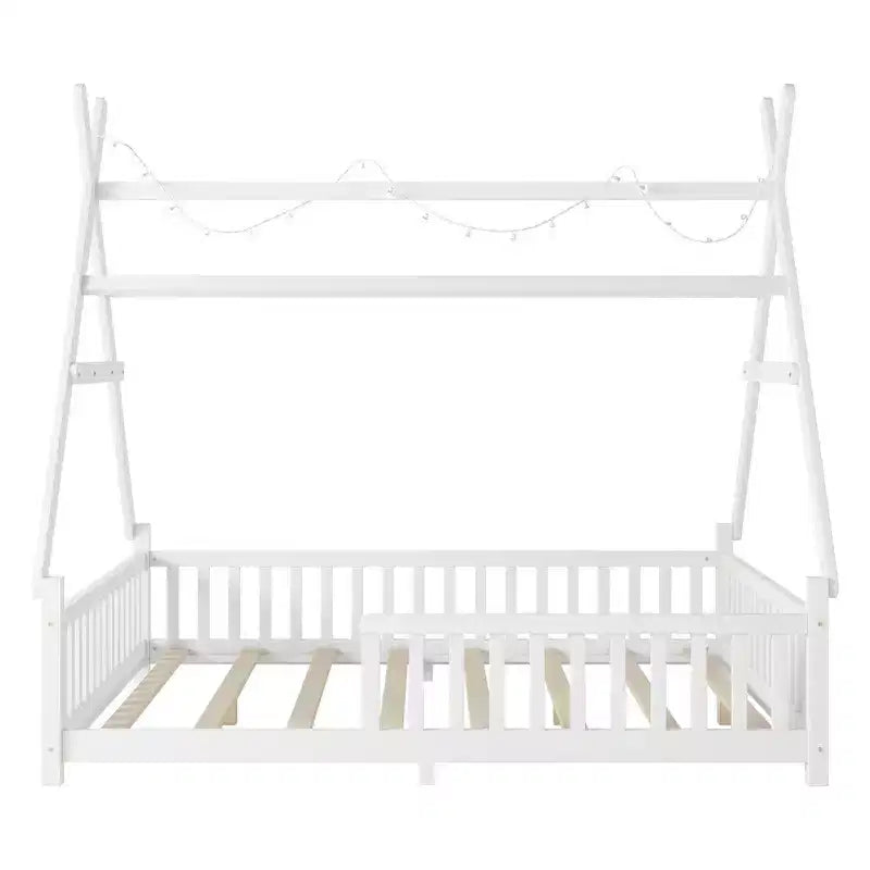 Lit cabane double Whisen avec lumière, lit cabane bas avec clôture et toit, conception sécurisée