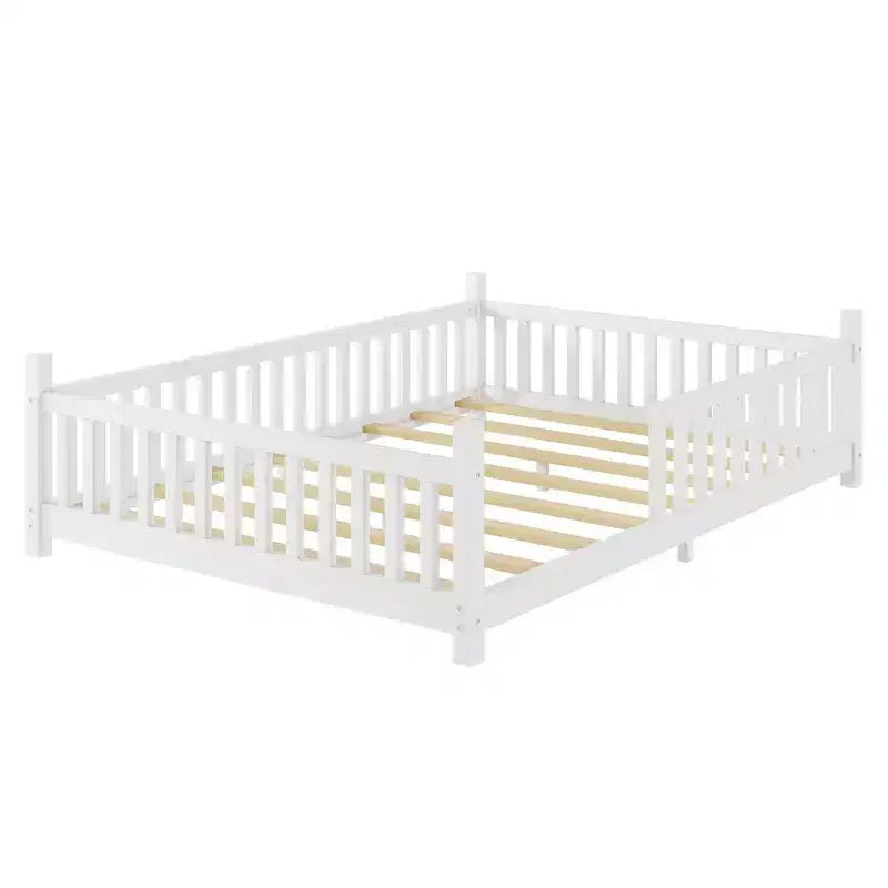 Lit cabane double Whisen avec lumière, lit cabane bas avec clôture et toit, conception sécurisée