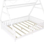 Lit cabane double Whisen avec lumière, lit cabane bas avec clôture et toit, conception sécurisée