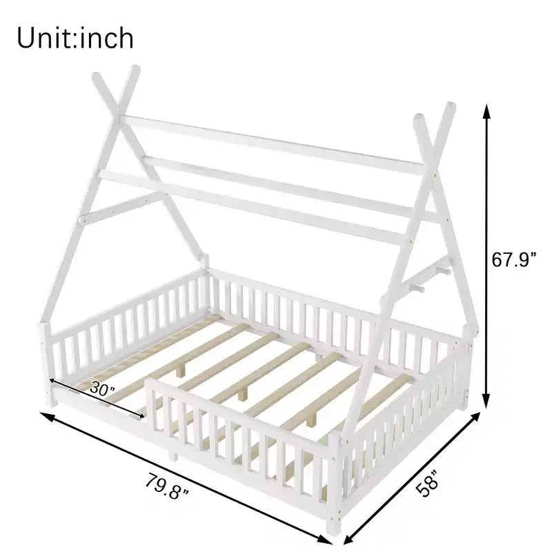 Lit cabane double Whisen avec lumière, lit cabane bas avec clôture et toit, conception sécurisée