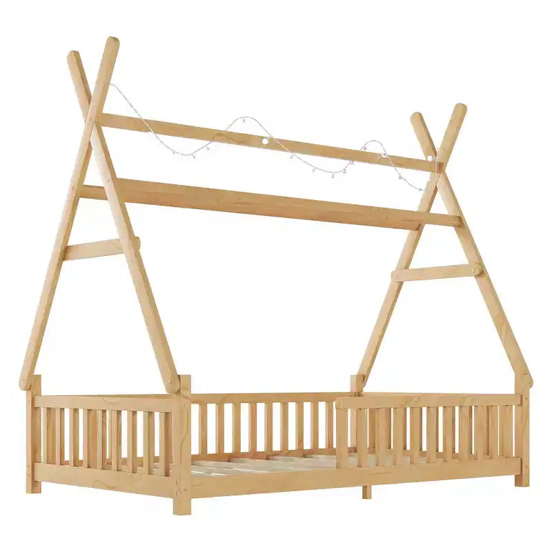 Lit cabane double Whisen avec lumière, lit cabane bas avec clôture et toit, conception sécurisée