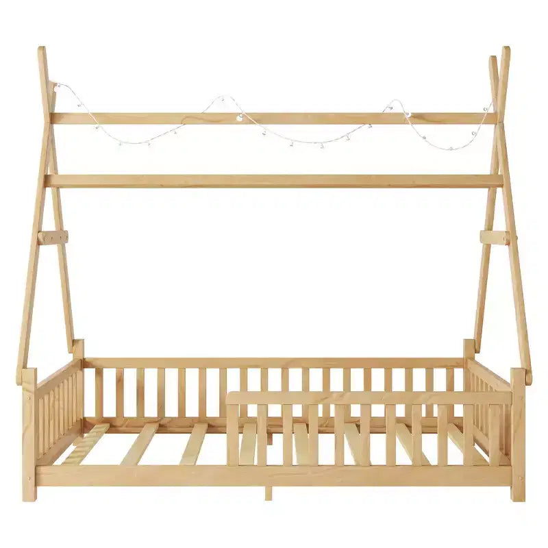 Lit cabane double Whisen avec lumière, lit cabane bas avec clôture et toit, conception sécurisée