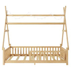 Lit cabane double Whisen avec lumière, lit cabane bas avec clôture et toit, conception sécurisée