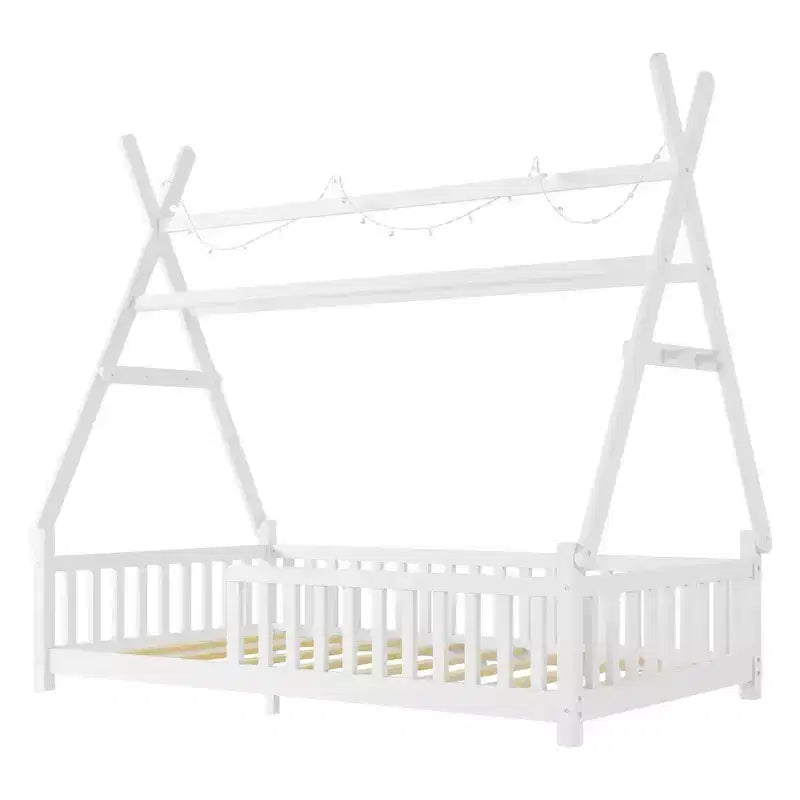 Lit cabane double Whisen avec lumière, lit cabane bas avec clôture et toit, conception sécurisée