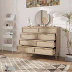 Commode en rotin, commode à 8 tiroirs avec pieds en bois et poignées en métal, organisateur de rangement de style bohème pour chambre à coucher