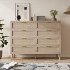 Commode en rotin, commode à 8 tiroirs avec pieds en bois et poignées en métal, organisateur de rangement de style bohème pour chambre à coucher