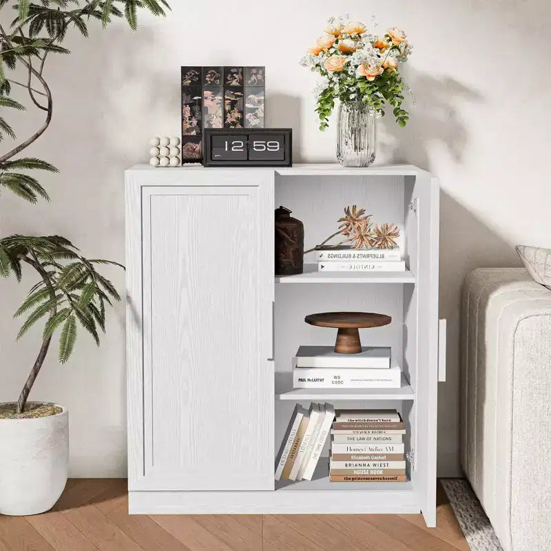 Meuble de rangement en grain de bois de 91,4 cm de haut en blanc, organisateur de rangement avec 2 portes en bois massif pour chambre/salon/salle à manger