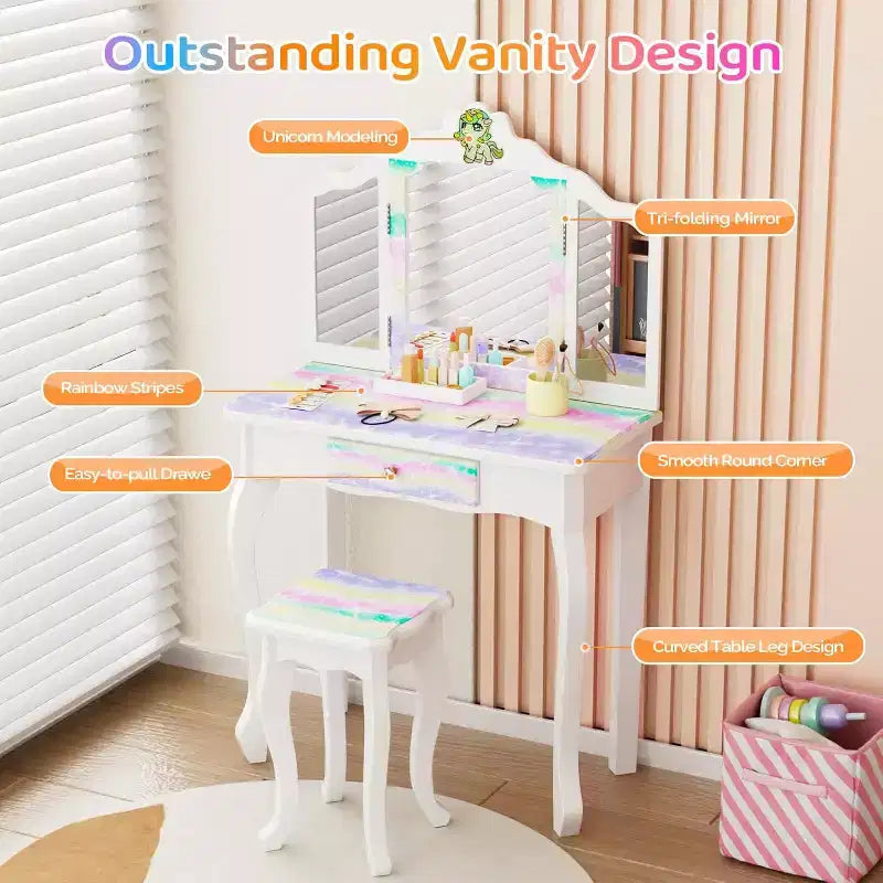 Coiffeuse Licorne Lumineuse JOYMOR pour Enfants, Coiffeuse 2 en 1 pour Tout-Petits, avec Miroir Triple, 1 Tiroir, Ensemble Table et Chaise de Coiffeuse pour Filles, Cadeau d'Anniversaire Parfait