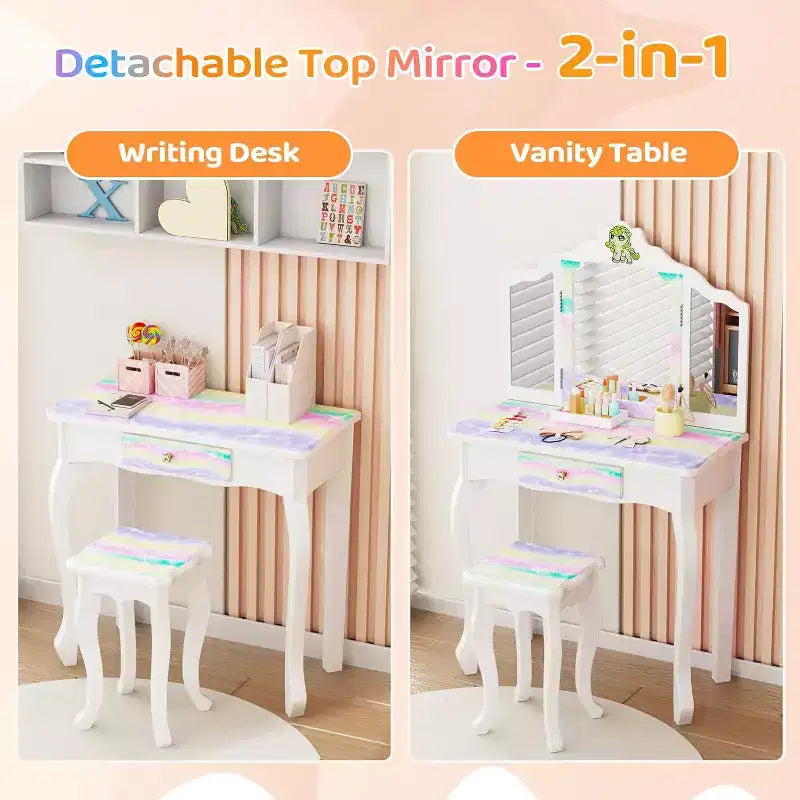 Coiffeuse Licorne Lumineuse JOYMOR pour Enfants, Coiffeuse 2 en 1 pour Tout-Petits, avec Miroir Triple, 1 Tiroir, Ensemble Table et Chaise de Coiffeuse pour Filles, Cadeau d'Anniversaire Parfait