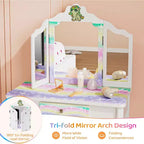Coiffeuse Licorne Lumineuse JOYMOR pour Enfants, Coiffeuse 2 en 1 pour Tout-Petits, avec Miroir Triple, 1 Tiroir, Ensemble Table et Chaise de Coiffeuse pour Filles, Cadeau d'Anniversaire Parfait