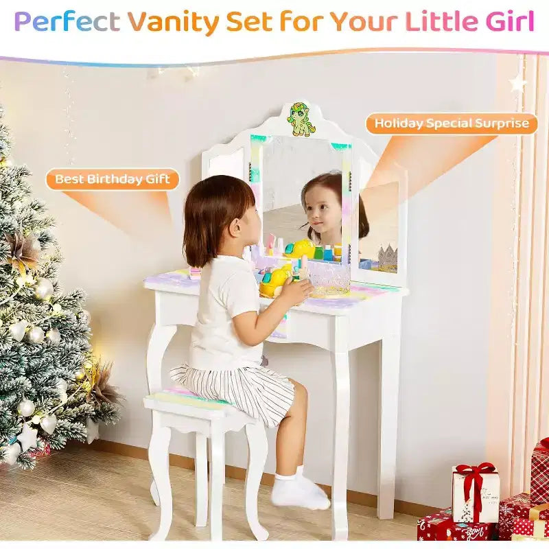 Coiffeuse Licorne Lumineuse JOYMOR pour Enfants, Coiffeuse 2 en 1 pour Tout-Petits, avec Miroir Triple, 1 Tiroir, Ensemble Table et Chaise de Coiffeuse pour Filles, Cadeau d'Anniversaire Parfait