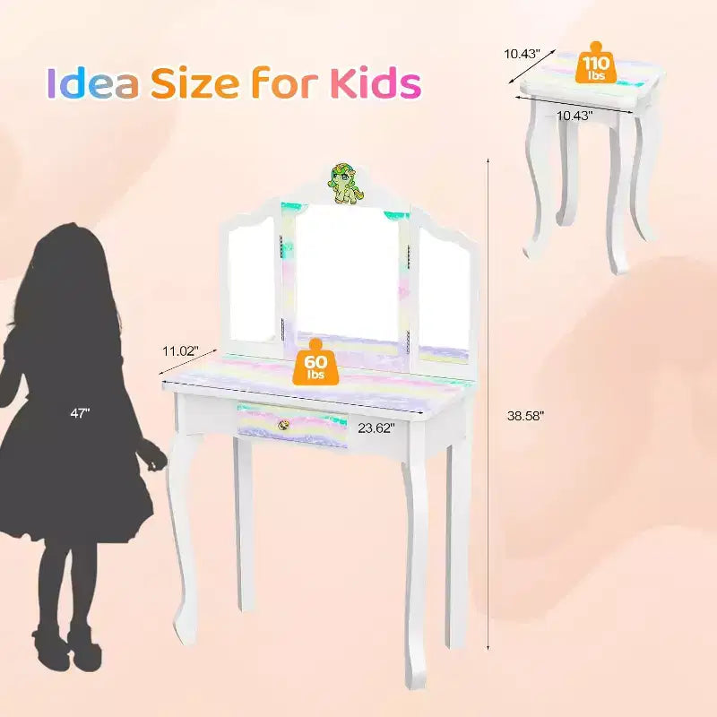 Coiffeuse Licorne Lumineuse JOYMOR pour Enfants, Coiffeuse 2 en 1 pour Tout-Petits, avec Miroir Triple, 1 Tiroir, Ensemble Table et Chaise de Coiffeuse pour Filles, Cadeau d'Anniversaire Parfait