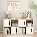 Buffet de Rangement avec Portes Coulissantes, Étagères Ouvertes et Fermées à 2 Niveaux, Naturel+Blanc - ModernLuxe