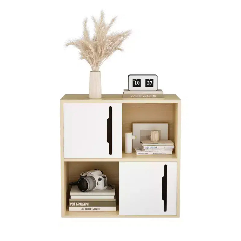 Buffet de Rangement avec Portes Coulissantes, Étagères Ouvertes et Fermées à 2 Niveaux, Naturel+Blanc - ModernLuxe