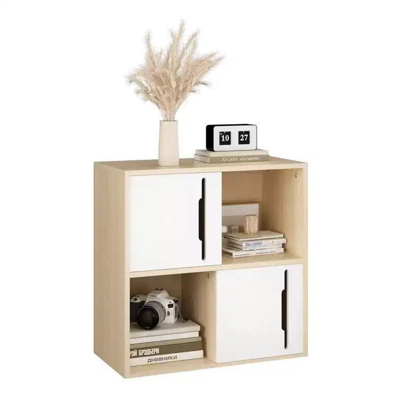 Buffet de Rangement avec Portes Coulissantes, Étagères Ouvertes et Fermées à 2 Niveaux, Naturel+Blanc - ModernLuxe