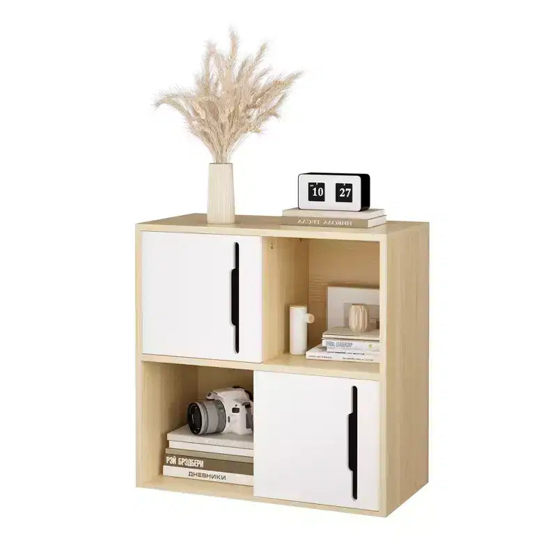 Buffet de Rangement avec Portes Coulissantes, Étagères Ouvertes et Fermées à 2 Niveaux, Naturel+Blanc - ModernLuxe