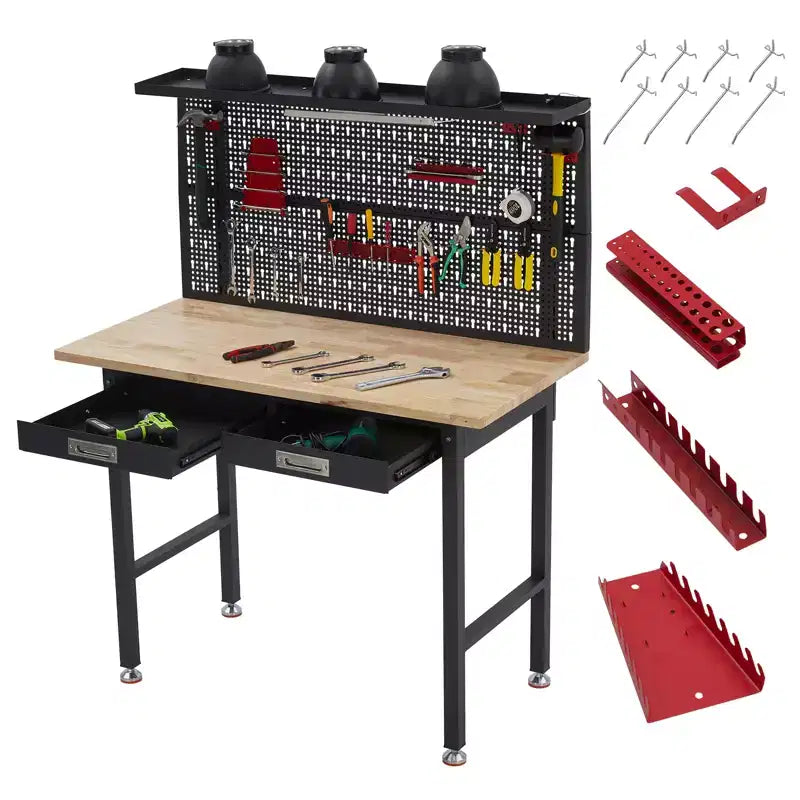 Établi de garage avec panneau perforé 20 000 lb - Table de travail en acier avec tiroirs, poste de travail de mécanicien pour garage, entrepôt, atelier