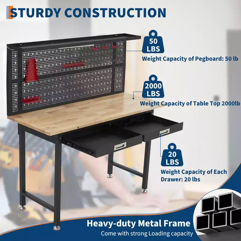 Établi de garage avec panneau perforé 20 000 lb - Table de travail en acier avec tiroirs, poste de travail de mécanicien pour garage, entrepôt, atelier