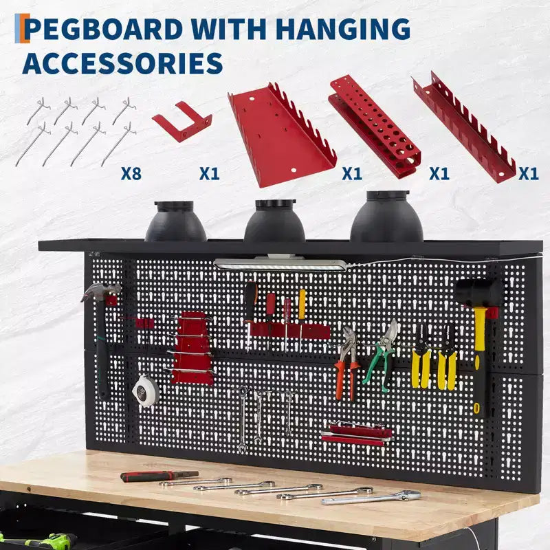 Établi de garage avec panneau perforé 20 000 lb - Table de travail en acier avec tiroirs, poste de travail de mécanicien pour garage, entrepôt, atelier