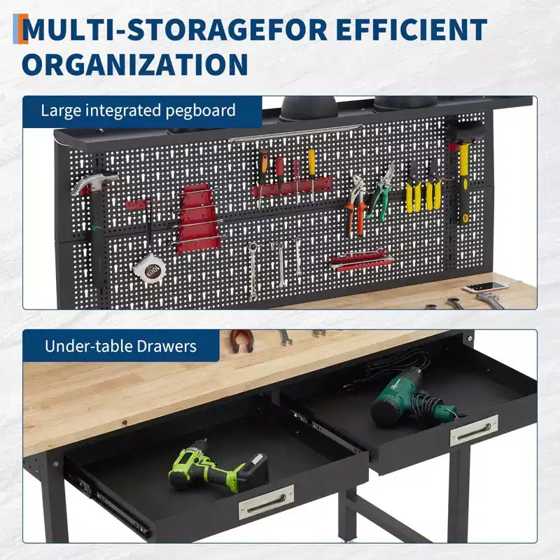 Établi de garage avec panneau perforé 20 000 lb - Table de travail en acier avec tiroirs, poste de travail de mécanicien pour garage, entrepôt, atelier