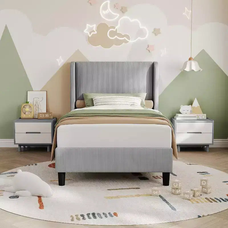 Cadre de lit jumeau avec tête de lit réglable, lit plateforme tapissé en velours avec 12 lattes en bois, pieds de support robustes, beige