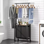 Trieur de linge à 3 sections avec tringle télescopique, panier à linge roulant robuste avec roulettes verrouillables et étagère de rangement pour buanderie