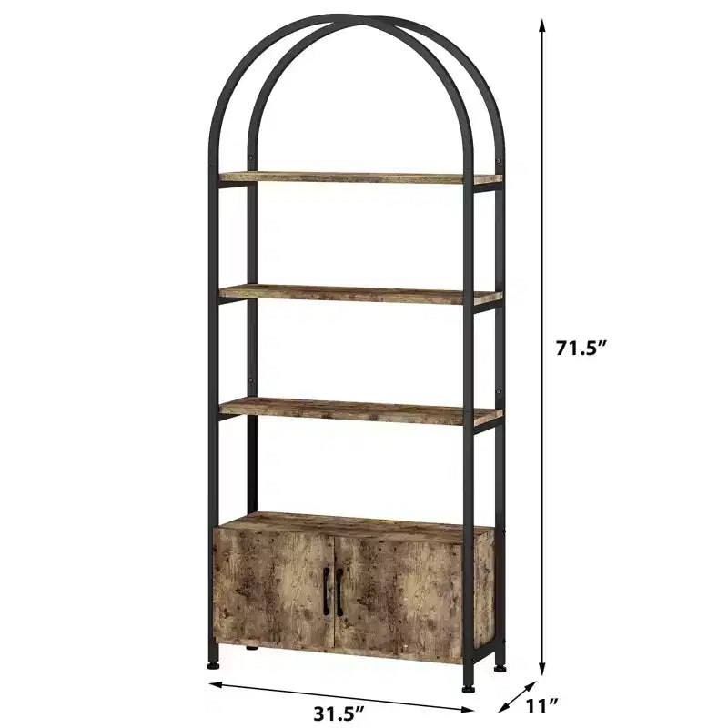 Bibliothèque cintrée, étagère avec portes de rangement, étagère industrielle de 181,6 cm de haut avec cadre métallique robuste et panneaux de qualité