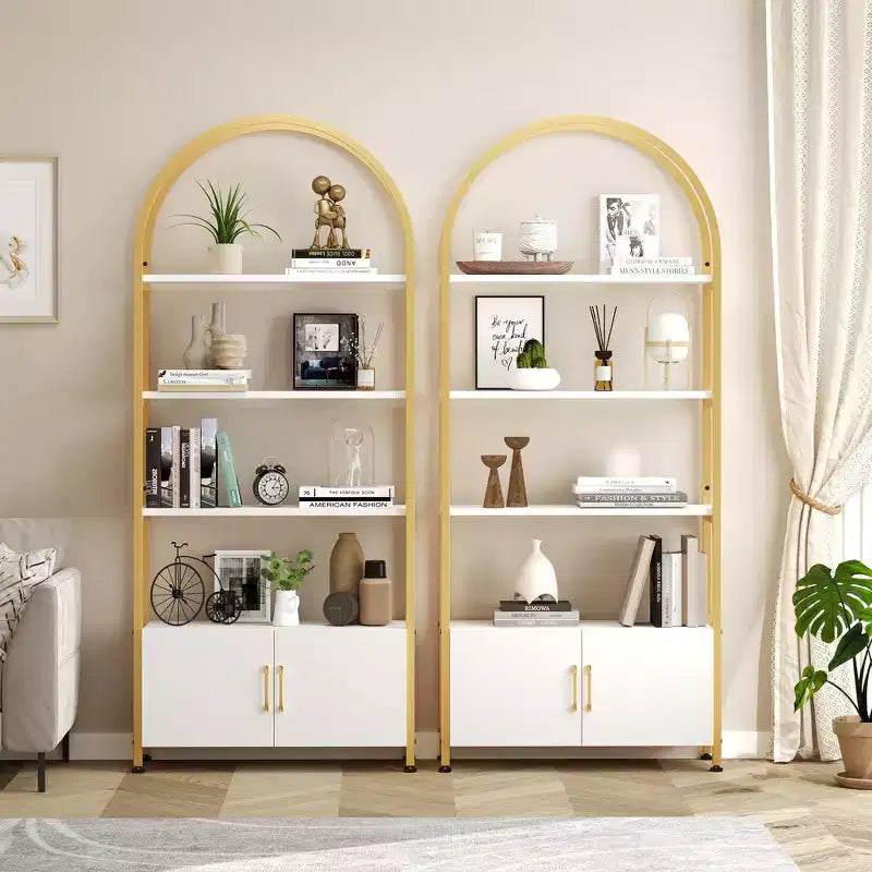 Bibliothèque cintrée, étagère avec portes de rangement, étagère industrielle de 181,6 cm de haut avec cadre métallique robuste et panneaux de qualité
