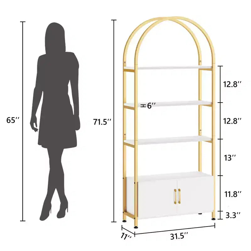 Bibliothèque cintrée, étagère avec portes de rangement, étagère industrielle de 181,6 cm de haut avec cadre métallique robuste et panneaux de qualité